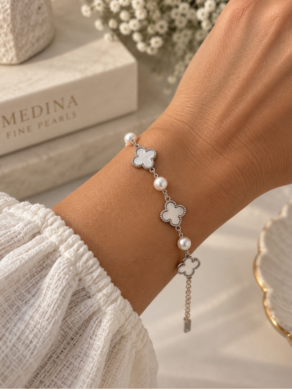 Elegant White Clover & fresh water Pearl Bracelet - Women's Jewelry